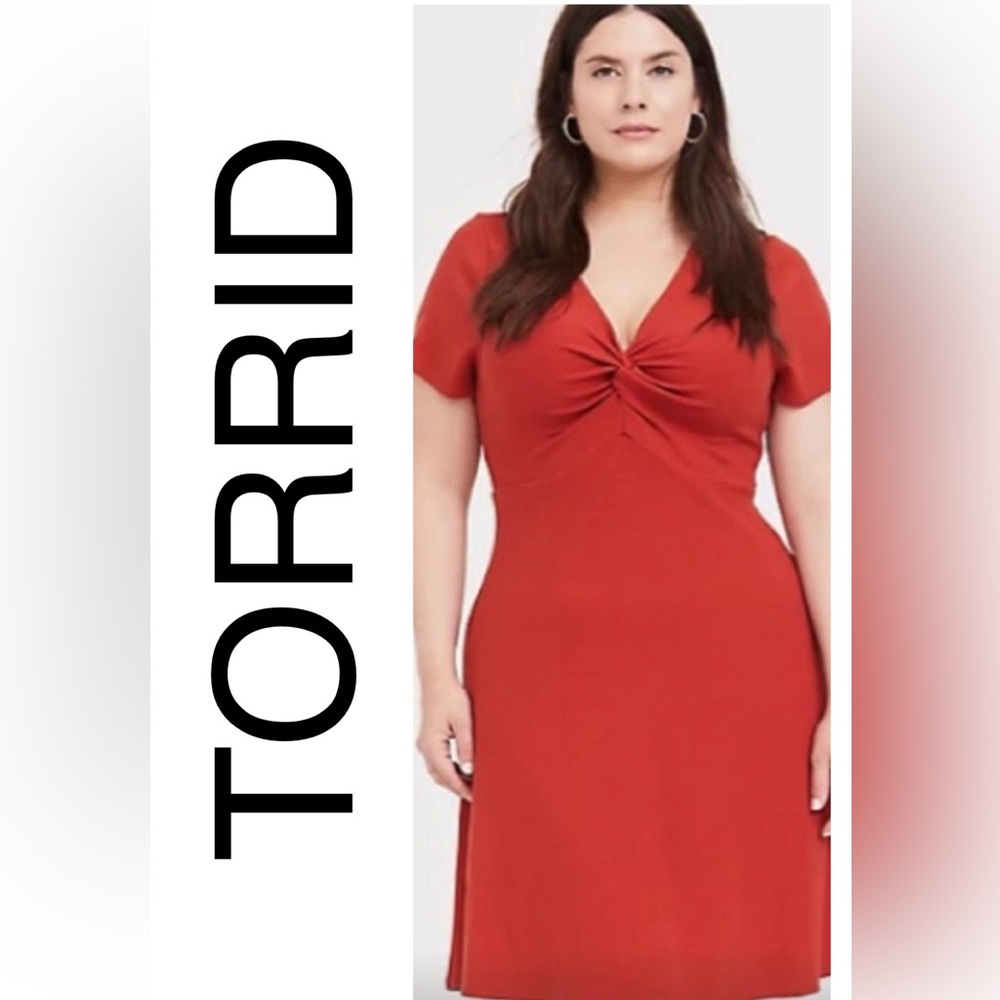 B15 Torrid Red Terracotta Twist Front Skater Dress.  Bust:18” stretches to 21”